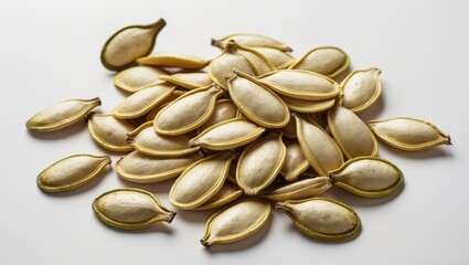 Poster - Group of raw, unroasted pumpkin seeds arranged on a white background showcasing their natural textures and shapes for culinary or health purposes.