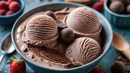 Aufkleber - Delicious Homemade Organic Chocolate Ice Cream in a bowl with fresh strawberries and chocolate truffles on a colorful table setting