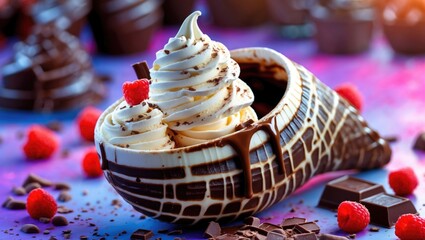 Poster - Decadent chocolate horn filled with creamy vanilla ice cream and garnished with raspberries on vibrant colorful background