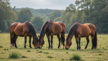 Aufkleber - Horses Grazing Peacefully in a Lush Meadow with Ample Space for Adding Text or Graphics in a Natural Setting