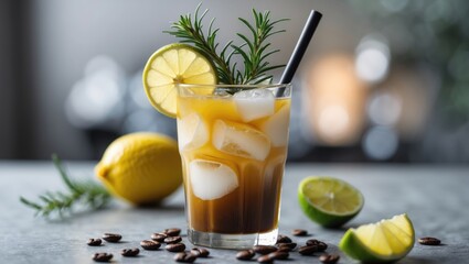 Aufkleber - Refreshing Iced Coffee Cocktail with Lemon and Rosemary Garnish Served Over Ice with Coffee Beans and Fresh Citrus on a Soft Blurred Background