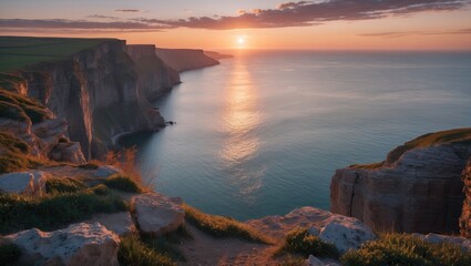 Sticker - Scenic Coastal Sunset Over Cliffs with Calm Sea and Generous Copy Space for Text or Branding