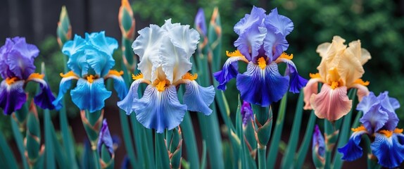 Aufkleber - Colorful blooming irises in a garden showcasing various shades of blue, purple, orange, and white against a lush green background.