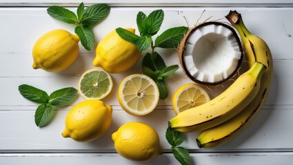 Wall Mural - Tropical Fruits Still Life with Lemons, Bananas, Fresh Mint and Coconut on White Wooden Table for Culinary and Beverage Concepts