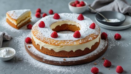 Aufkleber - Homemade yogurt cake garnished with raspberries and powdered sugar on a grey table setting. Perfect for dessert presentations and baking themes.