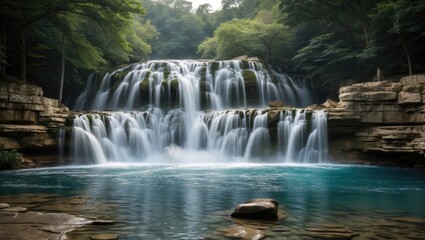 Sticker - Serene man-made waterfall cascading into a tranquil lake surrounded by lush green trees and rocky formations in a peaceful natural setting.