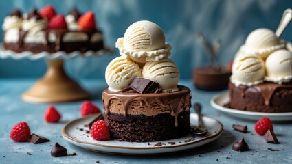 Aufkleber - Delicious Chocolate Cake Topped With Ice Cream And Berries On A Plate With Empty Space For Custom Text