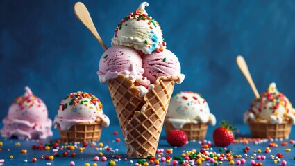 Aufkleber - Colorful Ice Cream Scoops With Sprinkles In A Waffle Cone Surrounded By More Ice Cream On A Vibrant Blue Background