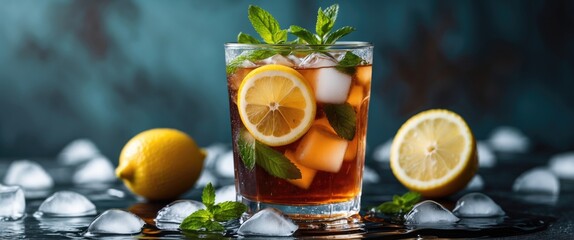 Poster - Refreshing Iced Tea with Lemon and Mint Garnish Served Over Ice for Summer Hydration and Enjoyment