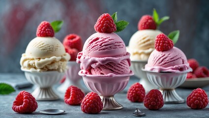Aufkleber - Assorted Raspberry and Cream Ice Cream Scoops in Elegant Bowls Surrounded by Fresh Raspberries and Mint Leaves on a Rustic Table