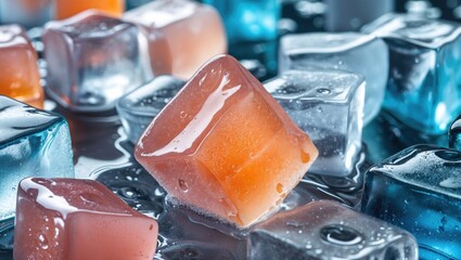 Aufkleber - Colorful ice cubes with droplets reflecting light on a dark surface creating a refreshing and cool beverage background.