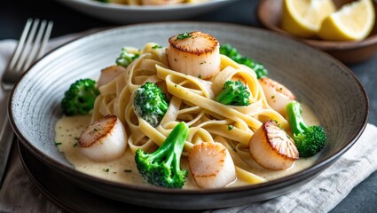 Aufkleber - Scallop and Broccoli Fettuccine in Cream Sauce Garnished with Fresh Herbs and Lemon Wedges in Elegant Serving Dish
