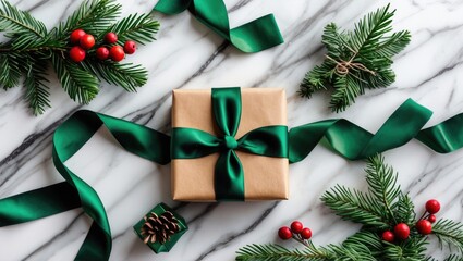Poster - Elegant holiday gift arrangement with green silk ribbon and festive decorations on a marble background ideal for greeting cards and invitations.
