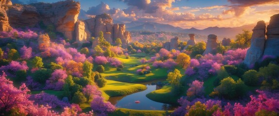 Aufkleber - Breathtaking Scenic Landscape with Vibrant Blossoms and Serene River in a Picturesque Natural Park Setting