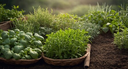 Poster - Lush herb garden with fresh greens in woven baskets and fertile soil, ideal for organic farming and culinary inspiration with blank space for text.