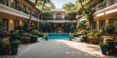 Poster - Serene Hotel Courtyard with Lush Gardens and Tranquil Pool Featuring Ample Empty Space for Text and Branding Elements