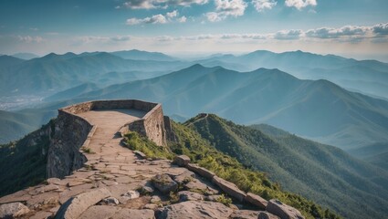 Aufkleber - Scenic Hilltop Lookout Over Mountain Landscape With Clear Sky Ideal For Text Placement and Nature-Themed Designs