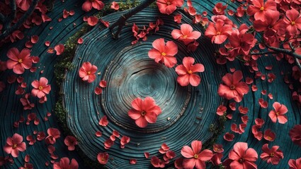Poster - Colorful floral arrangement on tree rings background showcasing nature's beauty and texture for design and decoration concepts.