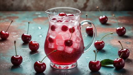 Aufkleber - Refreshing Icy Cherry Beverage in Clear Jug Surrounded by Fresh Cherries on Grungy Background Perfect for Summer Promotions.