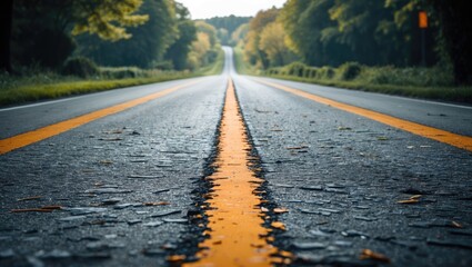 Poster - Paved Road Perspective with Yellow Lines Surrounded by Lush Greenery in Autumn Scenery