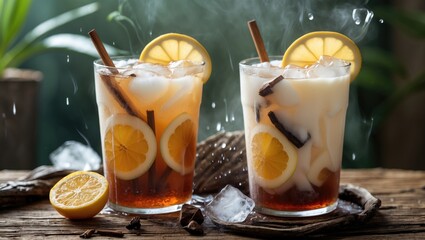 Aufkleber - Refreshing Iced Tea with Lemon and Creamy Layers Served in Elegant Glasses on Rustic Table