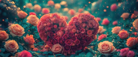 Poster - Heart-shaped arrangement of vibrant roses surrounded by lush blooms creating a romantic and enchanting floral display.