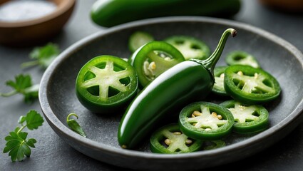 Poster - Fresh Jalapeno Peppers and Sliced Rounds on a Dark Plate Ideal for Culinary and Food Styling Concepts