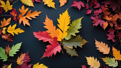 Poster - Vibrant autumn leaves arranged on a black background capturing the essence of seasonal change in a minimalist artistic composition.