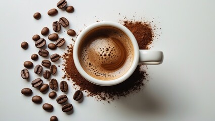 Poster - Aromatic instant coffee in a white cup surrounded by coffee beans and ground coffee on a clean surface for a minimalist food composition.