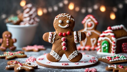 Poster - Festively Decorated Gingerbread Cookies on a Plate with Empty Space for Holiday Text and Warm Background Lights