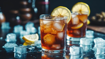 Poster - Refreshing Iced Tea Cocktail with Ice and Lemon Slices on Dark Surface with Ice Cubes and Empty Space for Custom Text Branding