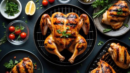 Poster - Grilled Whole Chicken on a Plate Surrounded by Fresh Ingredients and Flavorful Herbs with Space for Text Overlay
