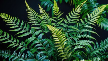 Poster - Lush green ferns with intricate shapes against a dark background showcasing the beauty of nature's designs and textures.