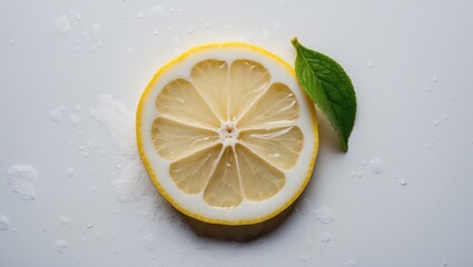 Wall Mural - Fresh Lemon Slice with Green Leaf on Light Background Perfect for Culinary and Refreshing Beverage Concepts