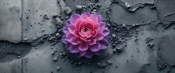 Poster - Elegant pink flower atop textured gray concrete background showcasing contrast between natural beauty and industrial surfaces.