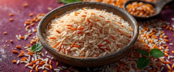 Poster - Basmati rice with colorful grains displayed in a rustic bowl on a textured background with scattered rice and fresh leaves