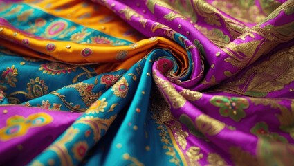 Poster - Vibrant Indian silk fabric with intricate patterns showcasing rich colors and textures ideal for textile art and fashion design concepts.