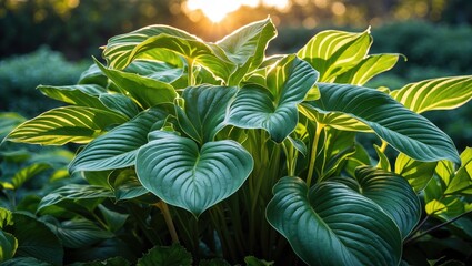 Poster - Hosta plant leaves illuminated by morning sun creating a vibrant natural scene with intricate shadows and lush greenery.