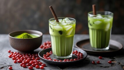 Aufkleber - Refreshing Iced Matcha Green Tea with Red Beans and Matcha Powder on Table with Copy Space for Text or Branding in Natural Light
