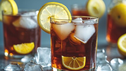 Aufkleber - Refreshing Iced Tea with Lemon Slices and Ice in Glasses Surrounded by Ice Cubes on a Reflective Surface with Copy Space for Text
