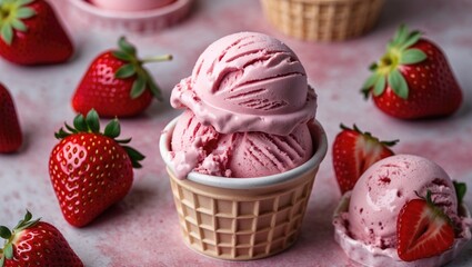Aufkleber - Delicious homemade strawberry ice cream served in waffle cones surrounded by fresh strawberries on a textured pink background.