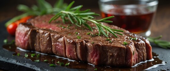 Poster - Savory Striploin Steak Served with Fresh Herbs and Glazed Sauce on a Slate Plate with a Dark Background