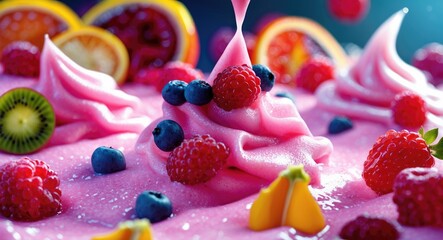 Wall Mural - Vibrant frozen dessert with colorful fruit garnishes featuring raspberry, blueberry, and kiwi against a blurred background.