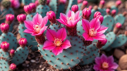 Poster - Vibrant Hot Pink Cactus Blossoms Against a Turquoise Background With Space for Text or Graphic Overlays