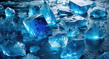 Leinwandbilder - Blue ice crystal texture showcasing a frosty surface with various ice shapes reflecting light in a cold ambient environment.