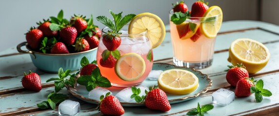 Aufkleber - Refreshing Homemade Strawberry Lemonade with Mint in Jugs and Glasses on a Wooden Table Surrounded by Fresh Strawberries and Lemon Slices