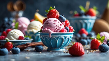Poster - Delicious ice cream scoops with berries in elegant bowls on a table with vibrant fruits and empty space for your creative text.