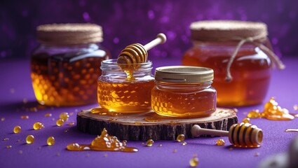 Aufkleber - Honey jars with drizzles on purple background showcasing natural sweetness and vibrant colors for culinary or health-related themes.