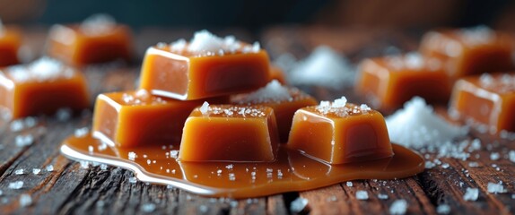 Aufkleber - Delicious homemade caramel candies topped with sea salt on a rustic wooden surface, showcasing a mouthwatering sweet treat.