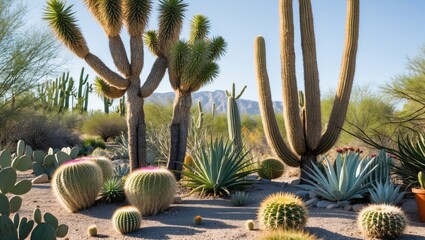Leinwandbilder - Desert Landscape Featuring Joshua Trees Cacti Succulents Under Bright Summer Sunlight With Space For Text or Graphics